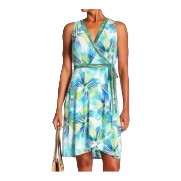 London Times Stretch Knit Tropical Casual faux Wrap Resort Brunch Sun Day Dress - Picture 1 of 11